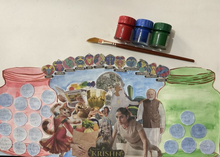 A completed A3 collage featuring a red-painted jar and a green-painted jar connected by a zodiac bridge. The center is filled with cutouts of Lord Krishna, PM Modi, a dancing cat, and healthy food, with red, blue, and green paint jars and a brush resting at the top.