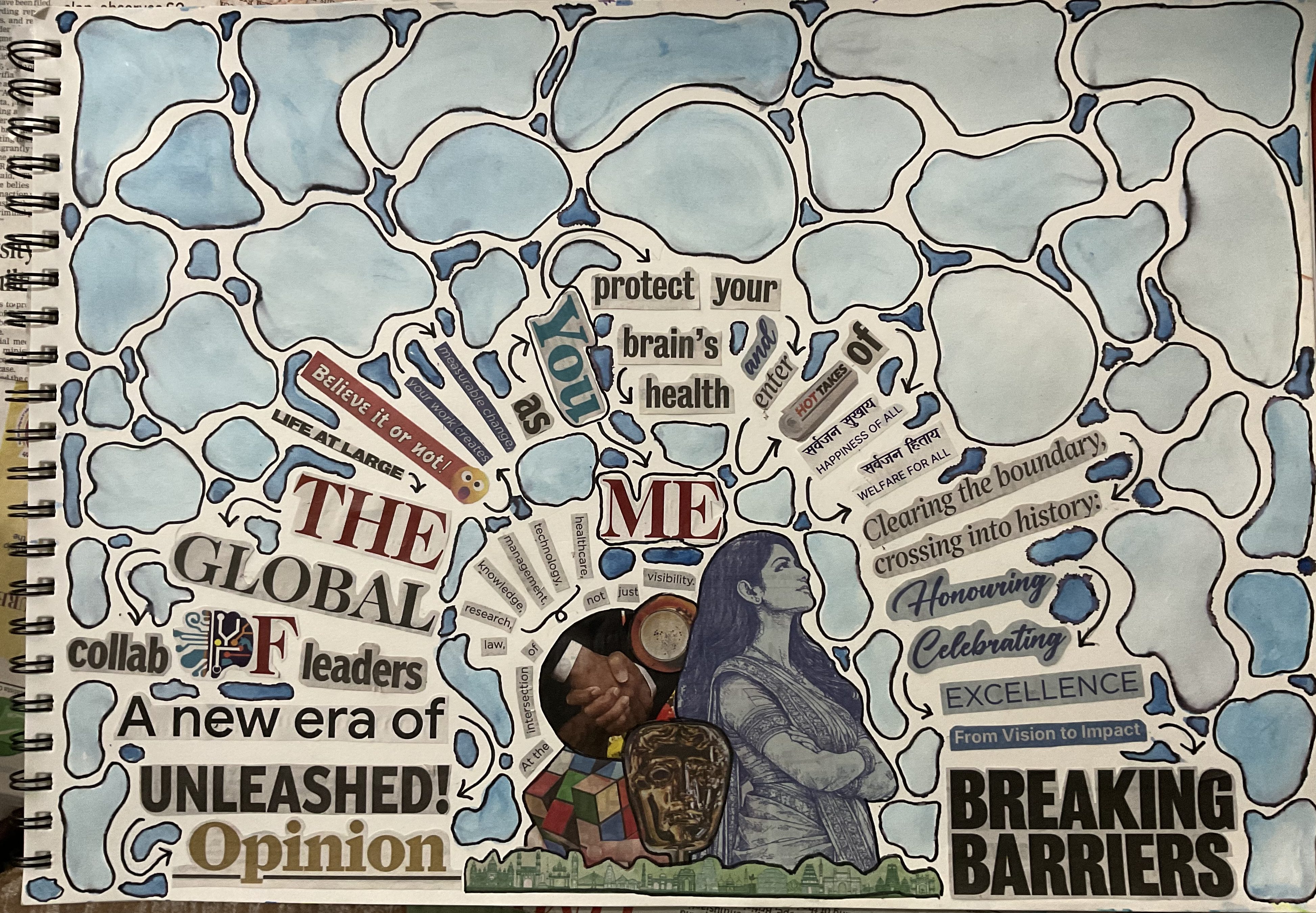 A3 newspaper collage with a sunrise arrangement and indigo watercolor shapes focused on self-efficacy and nonclinical art therapy.