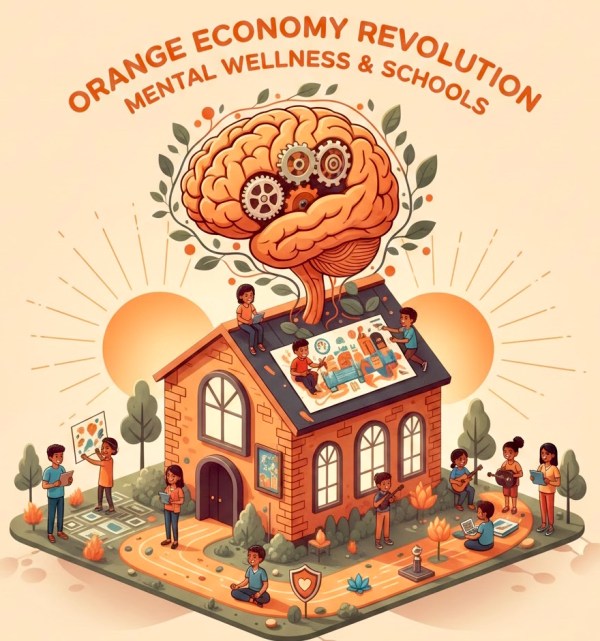 A conceptual isometric illustration of a school building transformed into a hub for the Orange Economy. A large, stylized human brain with mechanical gears and flourishing leaves grows from the roof, symbolizing cognitive growth and mental wellness. Around the school, diverse students engage in creative activities: painting, playing music, digital design, and meditation. The color palette is dominated by warm oranges and earthy tones, with the text 'ORANGE ECONOMY REVOLUTION: MENTAL WELLNESS & SCHOOLS' arched across the top.