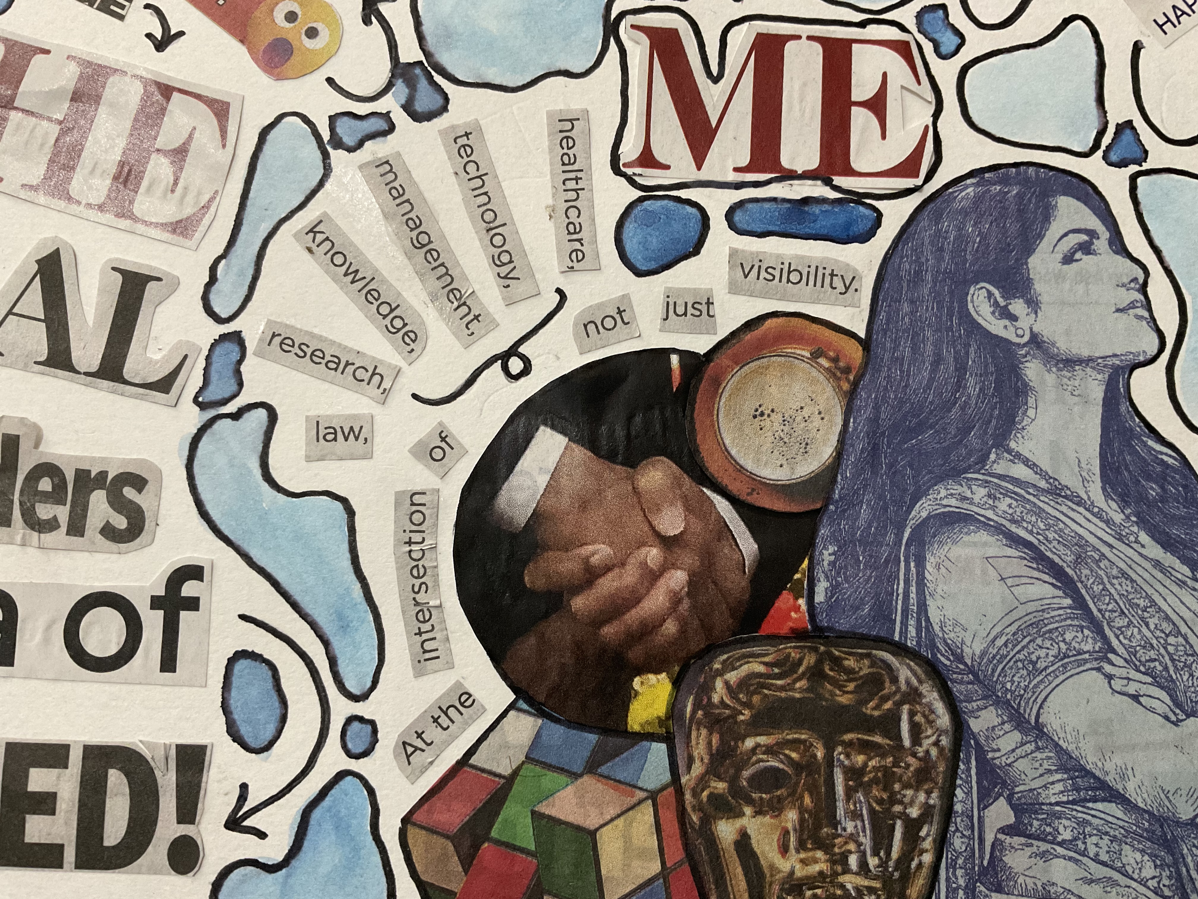 Macro shot of a woman looking up, a handshake, and professional keywords at the center of a paper collage.