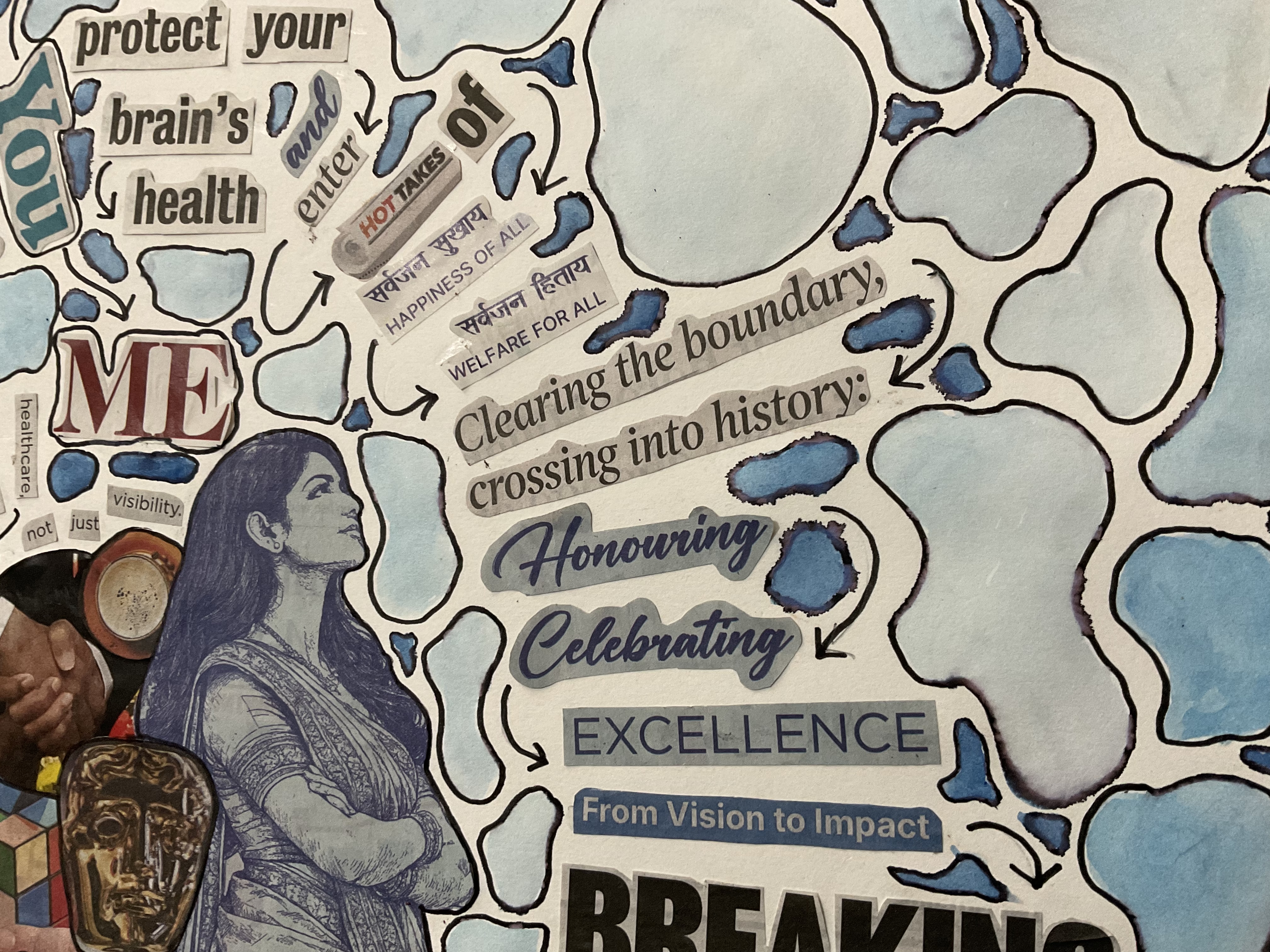 Close-up showing the words knowledge, research, and healthcare intersecting with a woman's profile and a handshake.