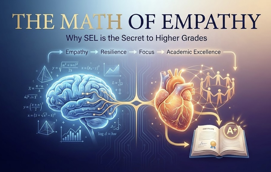 A conceptual illustration showing a blue, logical human brain on the left with mathematical formulas and graphs, connected by a glowing neural pathway to a warm, orange human heart on the right with social connection icons. A flow chart above shows the progression from "Empathy" to "Resilience" to "Focus" to "Academic Excellence," leading to an open book with an A+ grade and a certificate