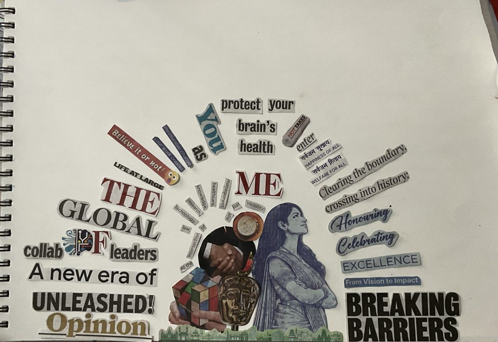 Visualizing the shift from You to Me Macro detail of a collage showing the word 'You' linked by arrows to 'Me' with indigo watercolor accents.