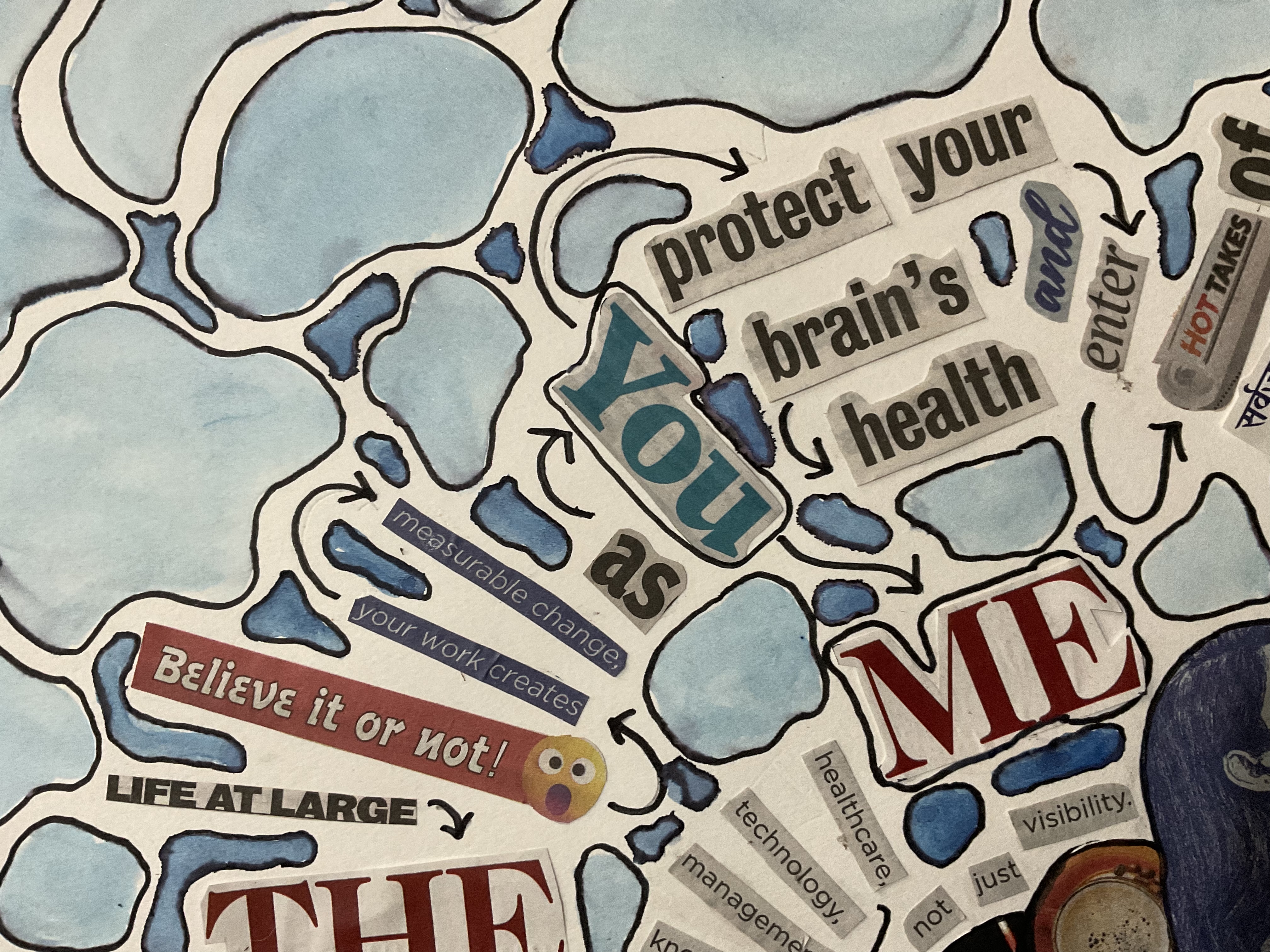 A finalized A3 newspaper collage with a sunrise template arrangement, featuring a central handshake and a woman looking up, surrounded by hand-painted indigo blue organic shapes.