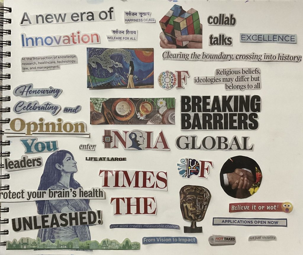 Early stage sunrise template arrangement Initial draft of a newspaper collage on a spiral notebook using a sunrise template layout.