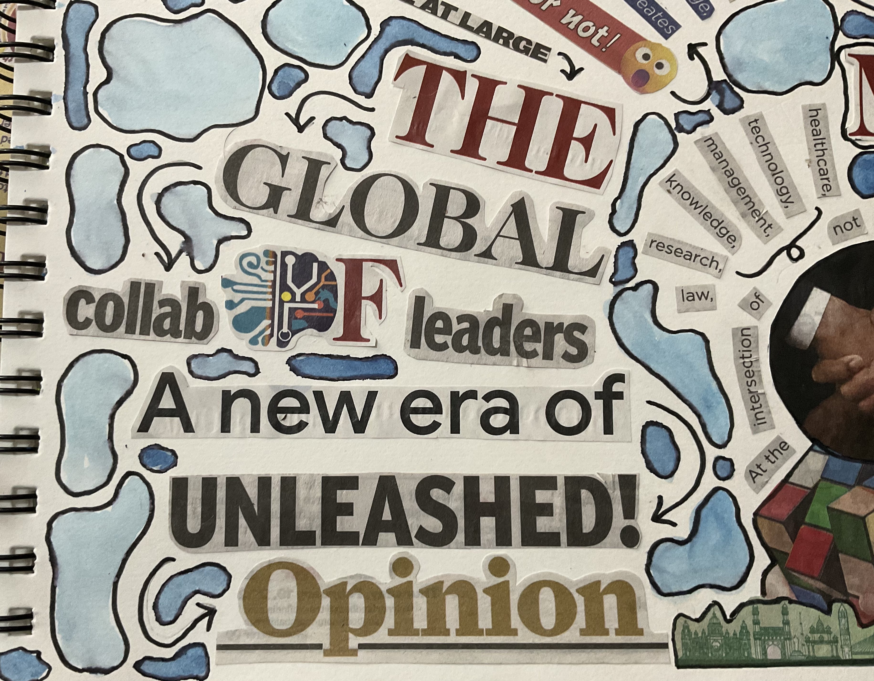 Detailed view of collage text: 'The Global Collab of Leaders' and 'A New Era of Unleashed Opinion' with watercolor framing.