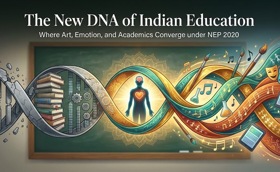 A horizontal banner titled "The New DNA of Indian Education." It features a symbolic DNA helix where one strand is made of grey stone and academic books, while the other transforms into vibrant, glowing ribbons of color. Within the ribbons are art brushes, musical notes, science flasks, and traditional Indian Warli art. At the center, a human silhouette glows with a heart and brain, set against a golden mandala.