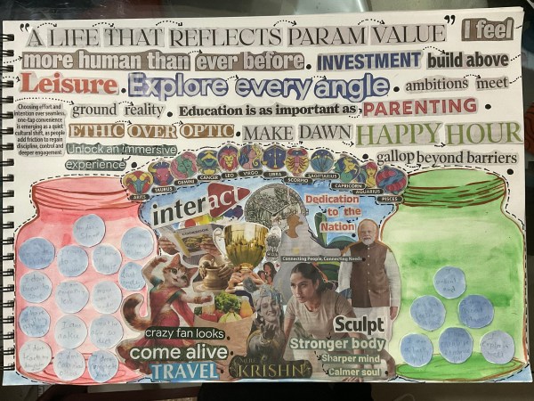 A completed A3 collage with hand-painted red and green jars connected by a zodiac bridge arc. A paintbrush and three paint jars (red, blue, green) rest on the white space above the artwork.