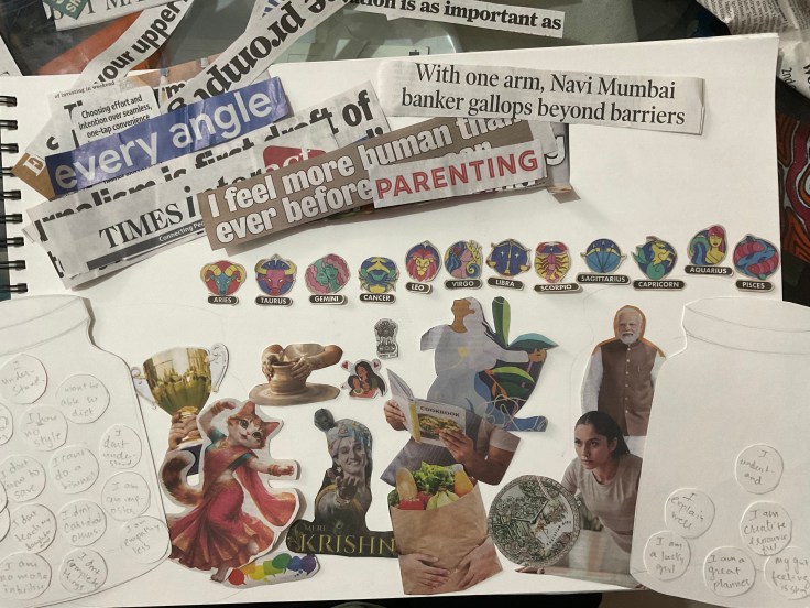 A hand wearing a red thread bracelet places a paper circle labeled 'I understand' into a hand-drawn jar outline. Scissors and glue are visible on the white surface.